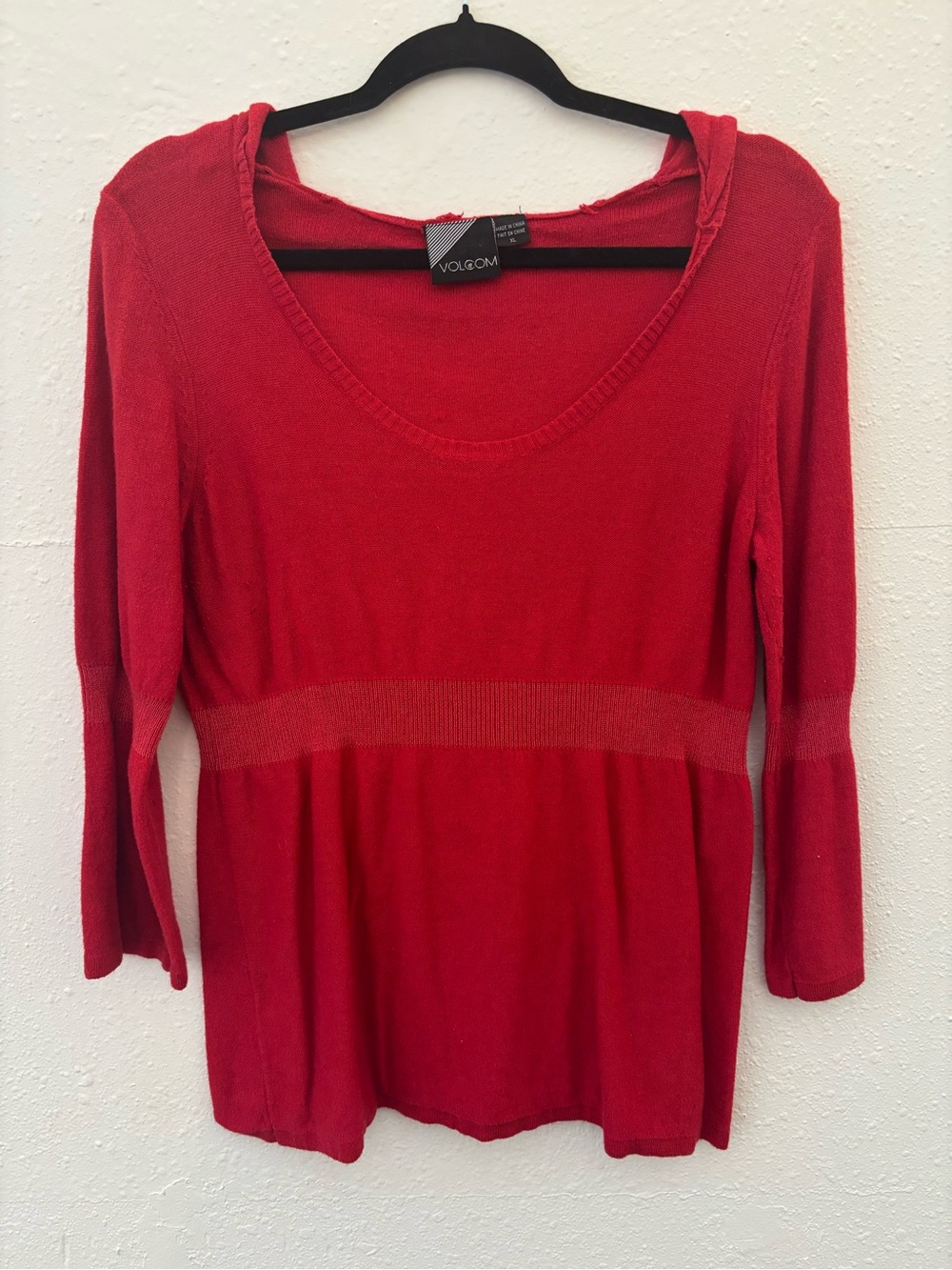 Volcom Women’s Red Scoop Neck Long Sleeve Top with Waistband Detail